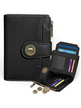 〽️Women 0 Black PU Leather RFID Blocking Bifold Wallet 14 Card Slots, Cash Purse